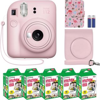 Instax Mini 12 Instant Camera + MiniMate Accessory Bundle & Compatible Custom Case + Fuji Instax Film Value Pack (50 Sheets) Flamingo Designer Photo Album (Blossom Pink)